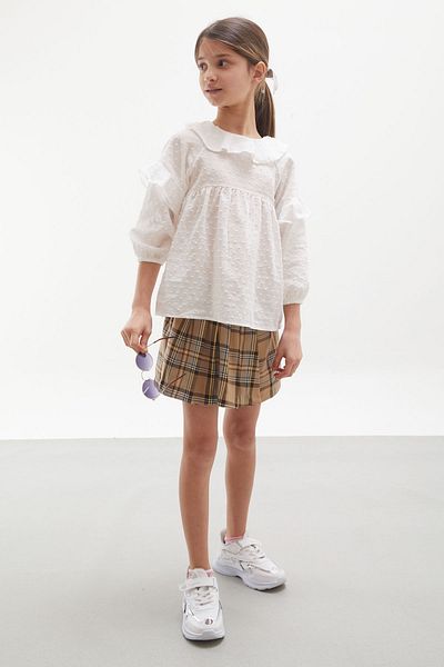 Cansın Mini Pantaloni scurți cu model în carouri bej și fustă Cămașă Costum pentru fată 17977