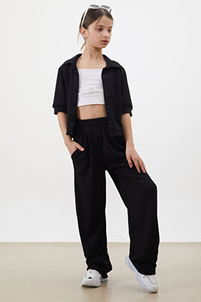 Cansın Mini Girl's Black Cropped Shirt with Trousers, Top and Bottom Set 18411