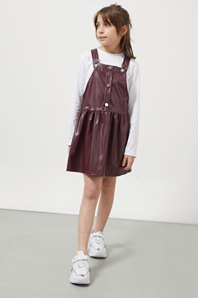 Cansın Mini Claret Red Strappy Girl's Faux Leather Salopet 17640