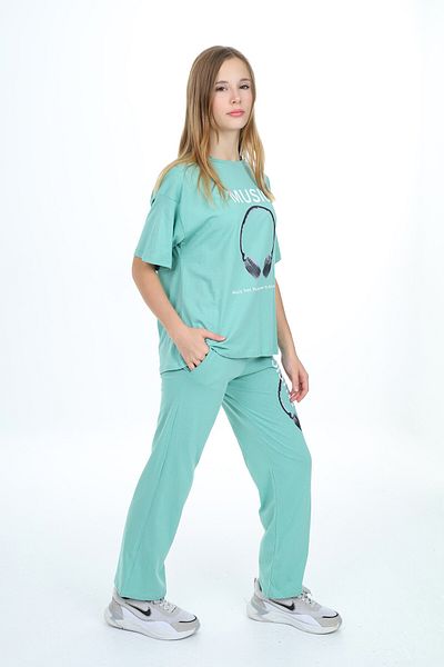 Cansın Mini Turquoise Music Text Printed Girl's Suit 17898