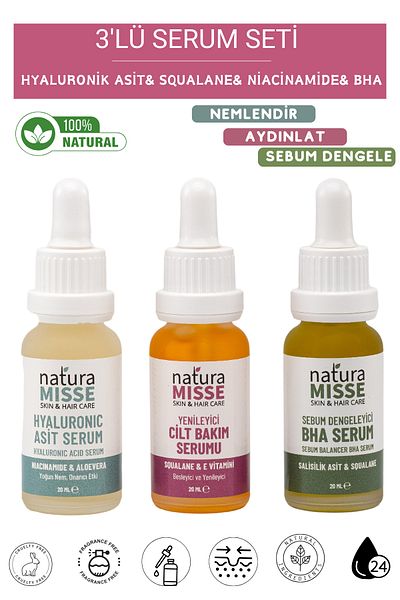 NaturaMisse Triple Serum Set - Anti-Aging, Anti-Blemish and Sebum Balancing, Bha, Hyaluronic, Salicylic Acid and Niacinamide