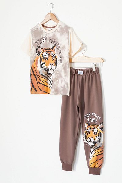 Cansın Mini Brown Tiger Printed T-Shirt Boy Suit 18014