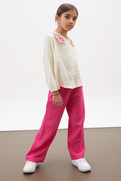 Cansın Mini Fuchsia Lace Collar Shirt Muslin Pants Girl's Suit 18162