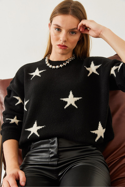 Bianco Lucci Sweter damski z okrągłym dekoltem i wzorem w gwiazdy 20247536