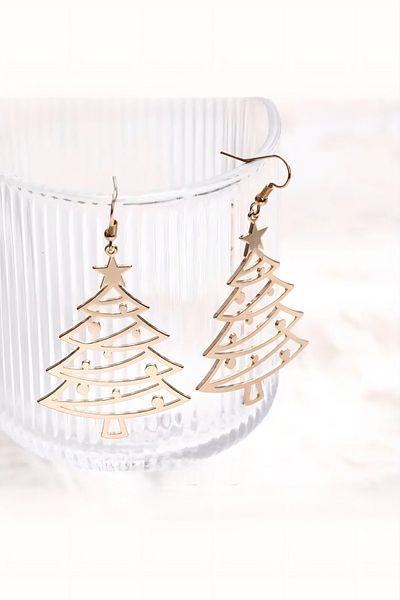 ELMATOLYE Women's Gold Christmas Christmas Tree Figured Design Earrings New Year Gift Steel Earrings