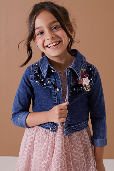 Cansın Mini Gül Kurusu Jean Crop Ceketli Tüllü Kız Çocuk Elbise Takımı 19104