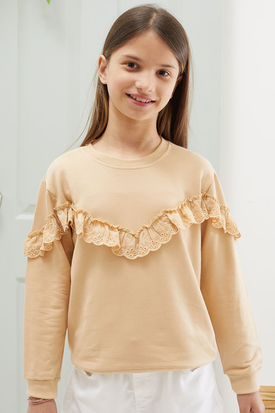 Cansın Mini Cream Lace Detailed Crew Neck Girl's Sweatshirt 18543
