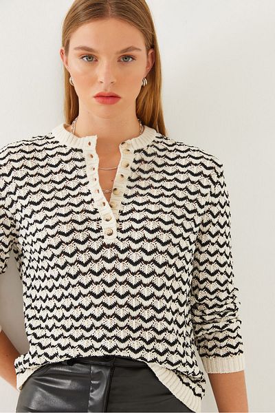 Bianco Lucci Women's Striped Placket Knitwear Sweater 20246261