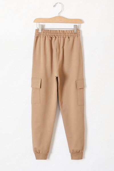 Cansın Mini Boy's Cargo Pocket School Sweatpants - Cream, Elastic Waist, 19127