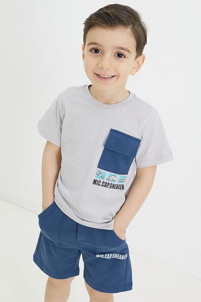 Cansın Mini Gray Chest Pocket Printed Boy's T-shirt Shorts Set 18563