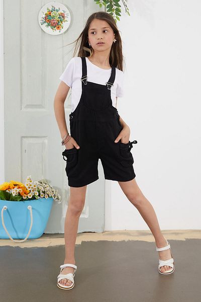 Cansın Mini Girl's Black Shorts Salopet Jumpsuit - With Chest Pocket 18775