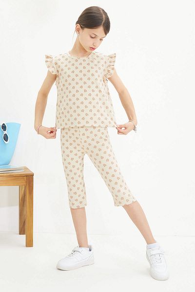 Cansın Mini Cream Floral Patterned Girl's Suit with Zero Sleeve Shorts and Leggings 18649
