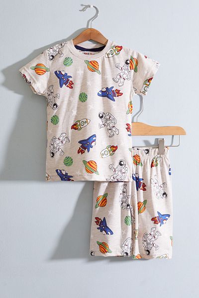 Cansın Mini Set de pantaloni scurți pentru băieți, cu tematică spațială, cu decolteu rotund - 19027