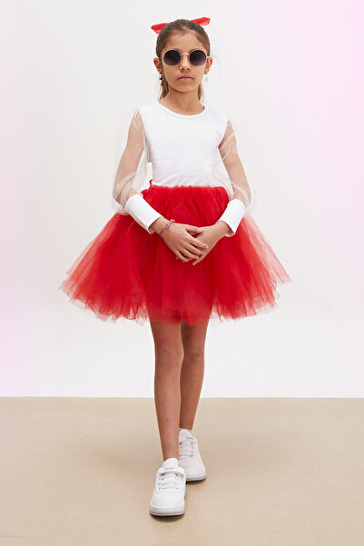 Cansın Mini Girl's Dress Set with Red Tutu Skirt and Tulle Blouse Sleeves 17732