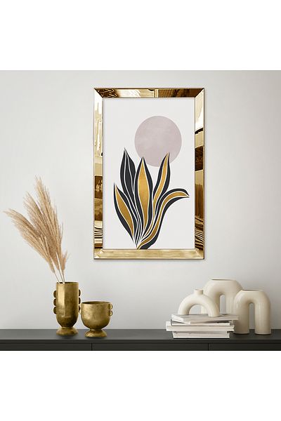 Zevahir Mobilya Dekorasyon Masă unică din MDF cu frunze minimaliste și elegante, cu cadru din plexiglas cu oglindă aurie
