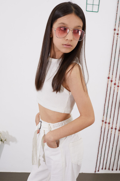 Cansın Mini Pantaloni spanioli pentru fete cu centură albă și talie elastică 18715