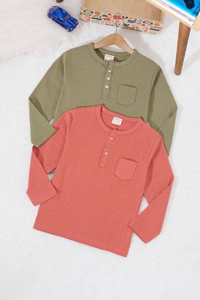 Cansın Mini Baby Boy Buttoned Collar Pocketed 2-Piece Sweatshirt Khaki-Brick 17330