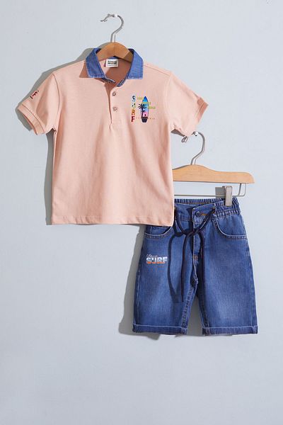 Cansın Mini Boy's Set - Salmon Polo Collar, Surf Printed Jean Shorts, 18922