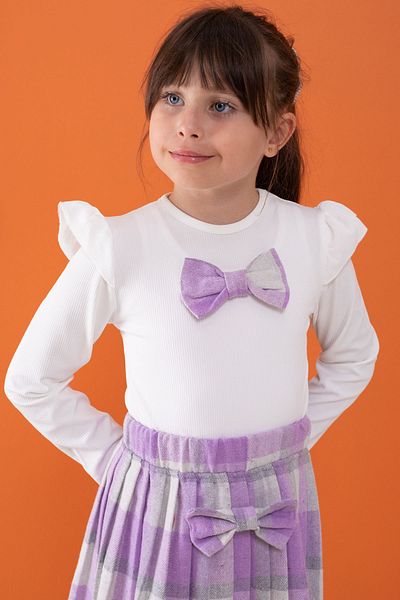 Cansın Mini Lilac Plaid Skirt with Bow and Badi Girl's Dress Set 5-9 Years 17737