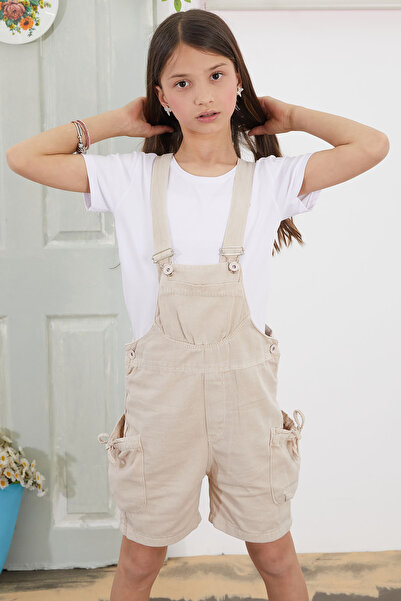 Cansın Mini Girl's Cream Shorts Salopet Jumpsuit - With Chest Pocket 18777