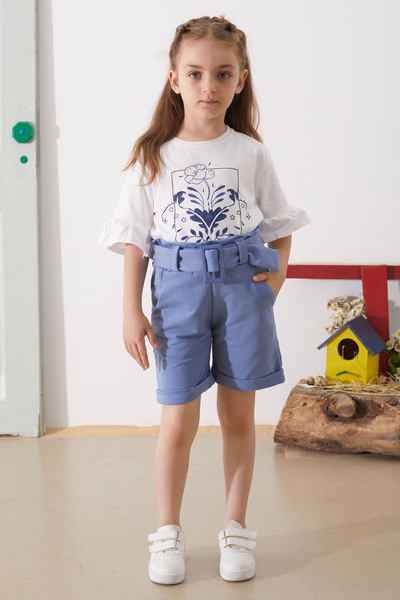 Cansın Mini Дівчачий комплект з принтом квітів індиго - шорти з поясом 18898