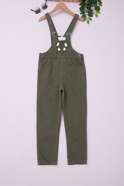 Cansın Mini Girl's Khaki Salopet Jumpsuit with Teddy Bear and Chest Pocket 18754
