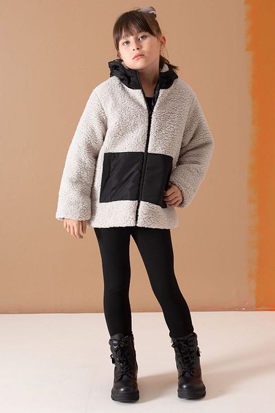 Cansın Mini Gray Kangaroo Pocket Hooded Girl's Plush Cardigan 19674