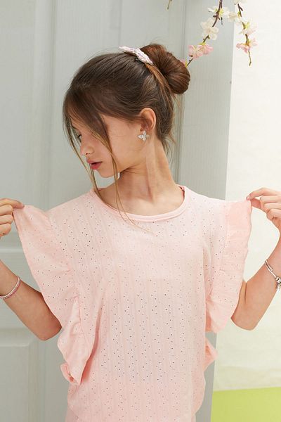 Cansın Mini Pink Flounce Detailed Girl's Summer Suit with Blouse and Trousers 18536