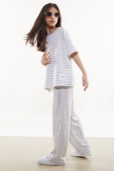 Cansın Mini Gray Short Sleeve Striped Girl's Suit 17983