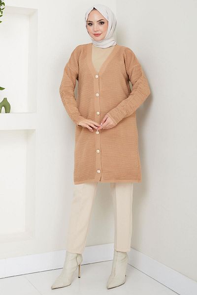 hafsamina Gold Button Detailed Knitwear Cardigan Camel Hm2587