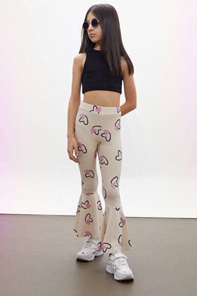 Cansın Mini Krem Kalp Desenli İspanyol Paça Kız Çocuk Tayt 18190