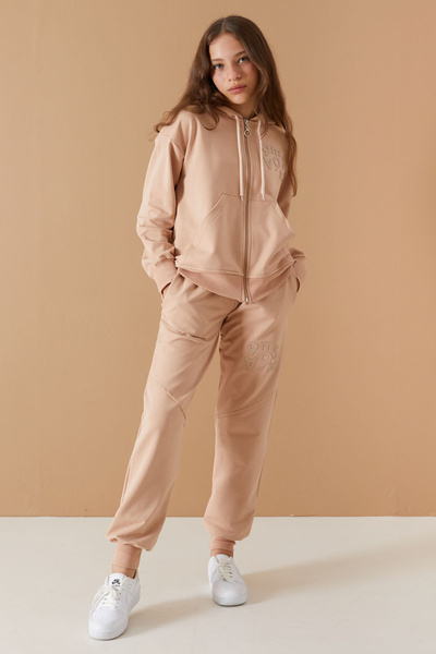 Cansın Mini Σετ αθλητικής φόρμας για κορίτσια σε μπεζ κουκούλα και ζακέτα με στάμπα - 19222