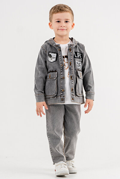 Cansın Mini Smoked Written Jeans Jacket Trousers Boy's T-Shirt 3 Pieces Set 18174