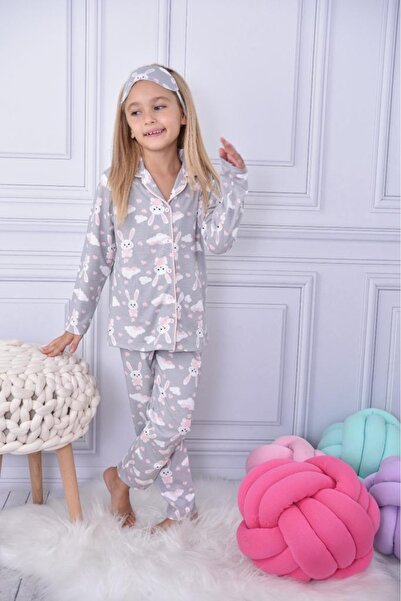 Cansın Mini Rabbit Printed Collar Girls Pajama Set 16927