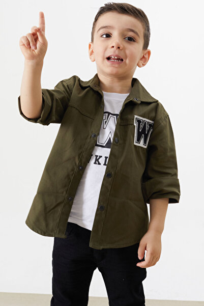Cansın Mini Khaki Embroidered Jean Shirt T-Shirt Boy's 2-Piece Set 18235