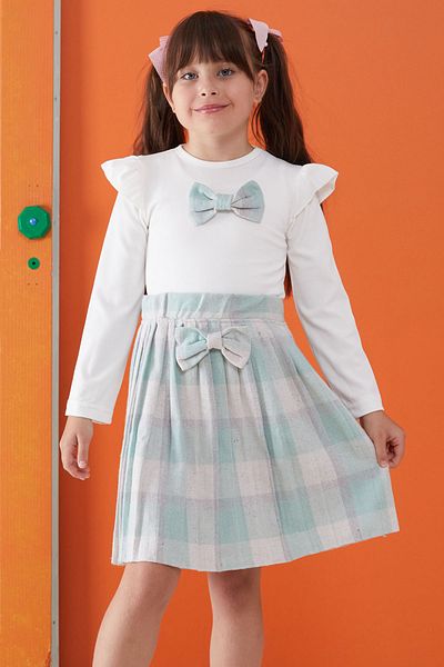 Cansın Mini Green Plaid Skirt with Bow and Badge Girl's Dress Set 5-9 Years 17739