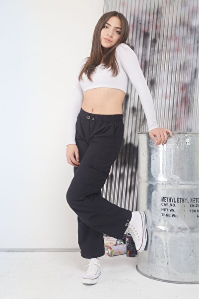 Cansın Mini Siyah Çift Kargo Cepli Pembe Şeritli Kız Çocuk Paraşüt Pantolon 17590