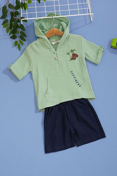 Cansın Mini طقم شورت للأطفال الرضع بجيب الكنغر مطبوع عليه شجرة النخيل باللون الكاكي 18518
