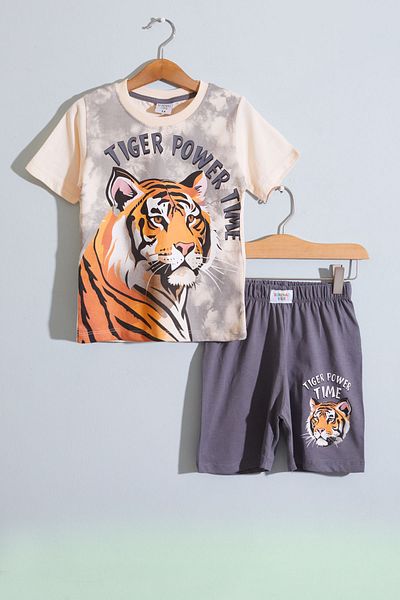 Cansın Mini Boy's Short Sleeve Smoked Shorts Set - Tiger Print, Model 18960