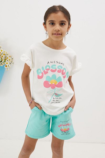 Cansın Mini Water Green Floral Printed Written Mini Shorts Girl's Set 18689