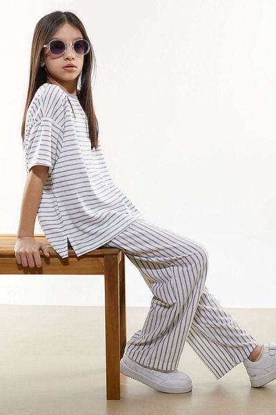 Cansın Mini Gray Short Sleeve Striped Girl's Suit 17983