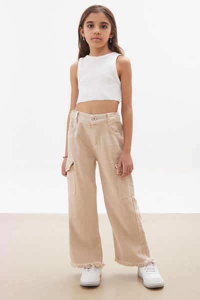 Cansın Mini Pantaloni de jeans pentru fetiță, cu ciucuri, cu buzunar cargo, 18230