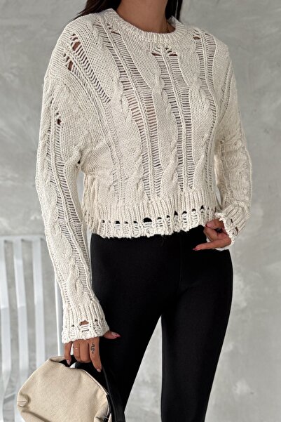 FEMELLE Women's Beige Standard Size Design Knitted Knitwear Sweater
