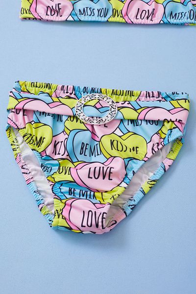 Cansın Mini Text Printed Pink Girl's Swimsuit - 19046 with Buckle Detail