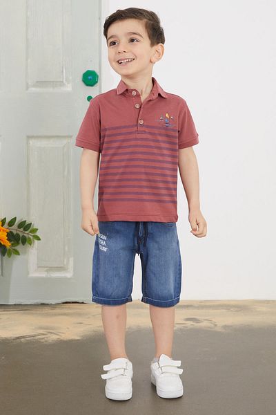 Cansın Mini Tricou cu guler polo cu dungi bordeaux Pantaloni scurți din Jean Set băieți 18749