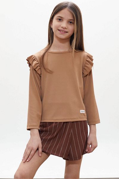 Cansın Mini Costum pentru fete cu dungi maro, cu pantaloni scurți, fuste, volane și Badi 18272