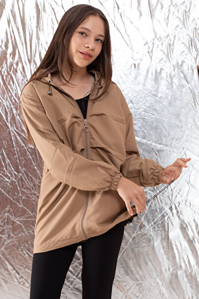 Cansın Mini Girl's Brown Hooded Parachute Cardigan - Zippered 18499