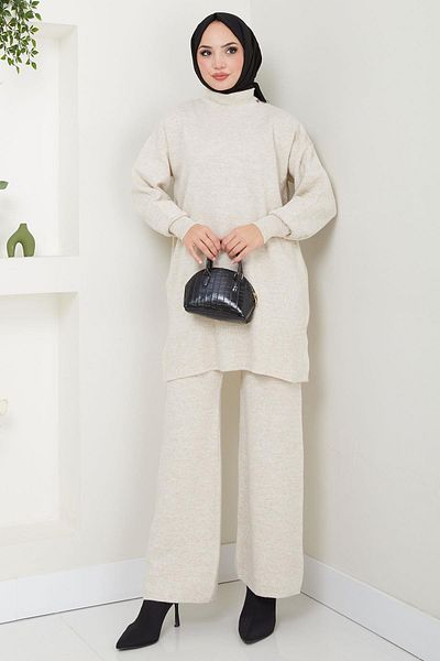 hafsamina Cream Colored Double Knitwear Set - Hm2574