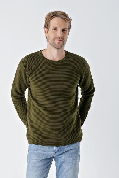 CHUBA Men's Crew Neck Standard Fit Textured Casual Knitwear Sweater Dark Khaki 24W201