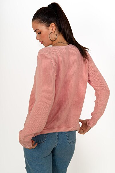 CHUBA Kadın Selanik Örgü Pamuklu V Yaka Triko Kazak Pudra 24w144